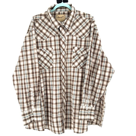 Wrangler Western Pearl Snap Shirt Men's 3XL‎ Brown Blue Plaid Cowboy Yellowstone - Picture 1 of 7